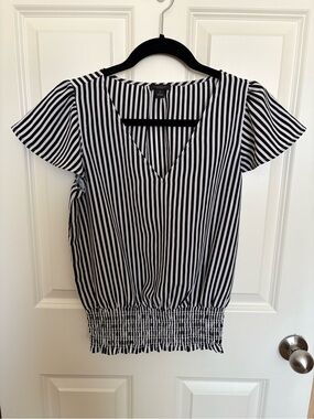 Ann Taylor Factory Black & White Striped V-Neck Smocked-Hem Top